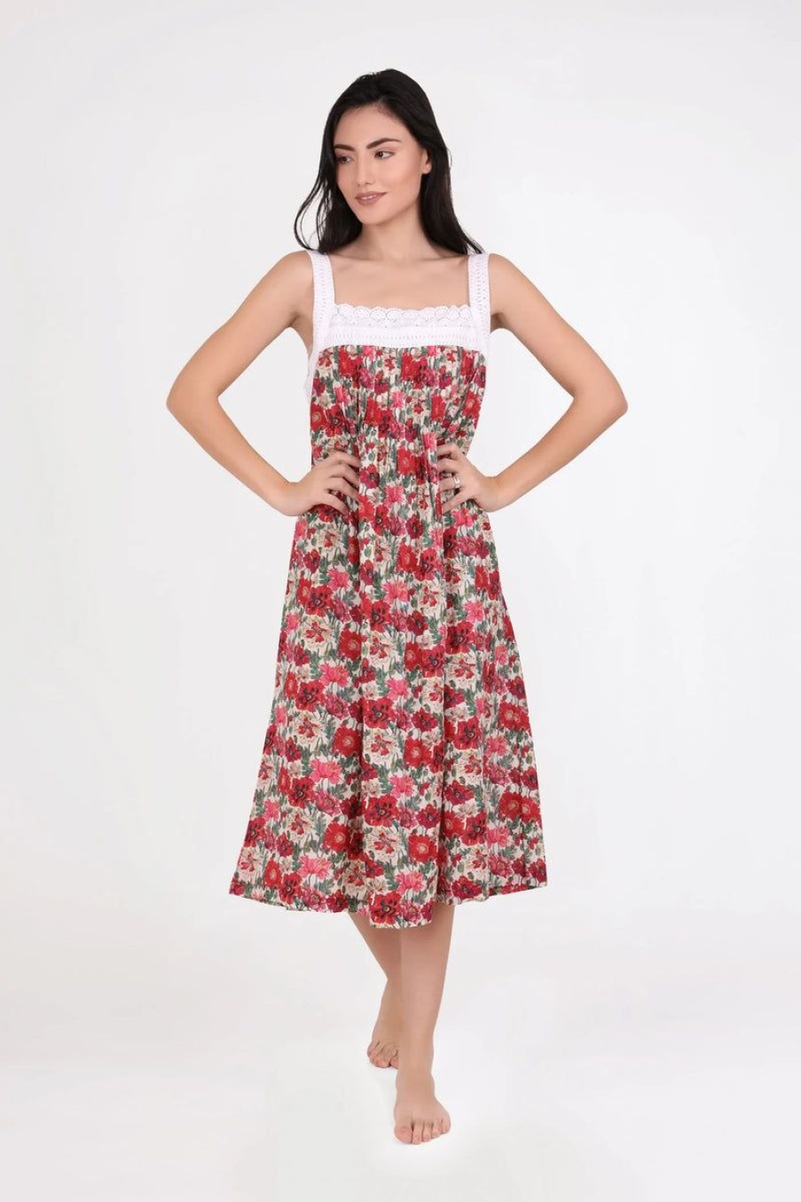 Sleepwear Arabella | Arabella - Pin Tucked Lace Cotton Nightie Poppy Print