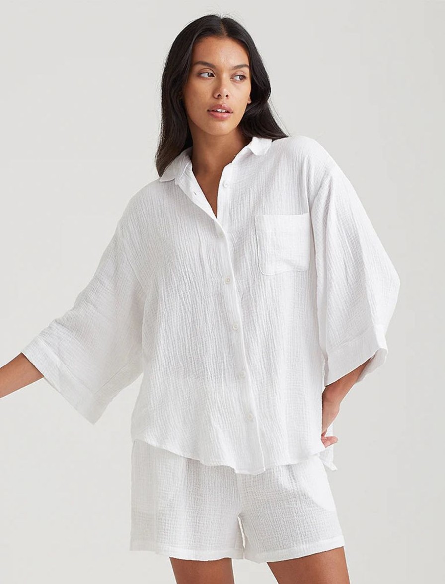 Sleepwear Papinelle | Papinelle - Ashley Textured Short Sleeve Oversized Shirt | White