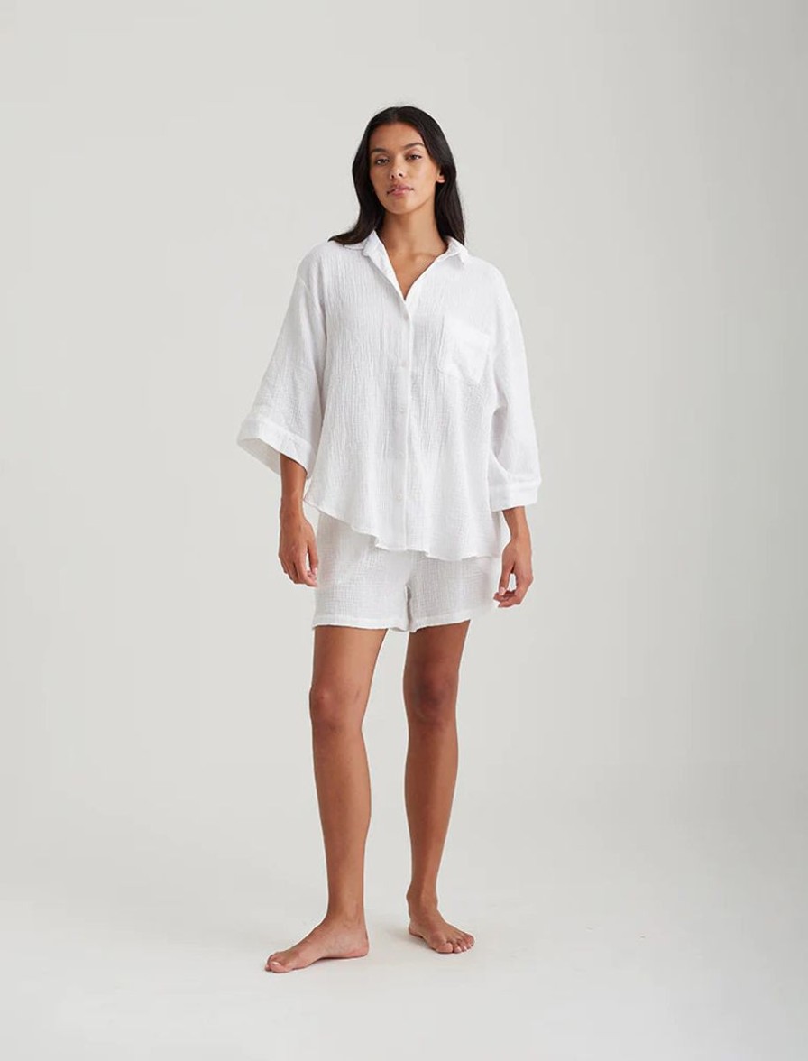 Sleepwear Papinelle | Papinelle - Ashley Textured Short Sleeve Oversized Shirt | White