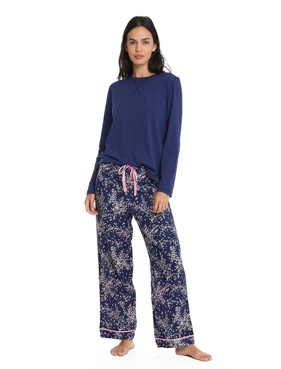 Sleepwear Papinelle | Papinelle - Cheri Blossom Cotton & Silk Pant & Organic Ls Top Navy