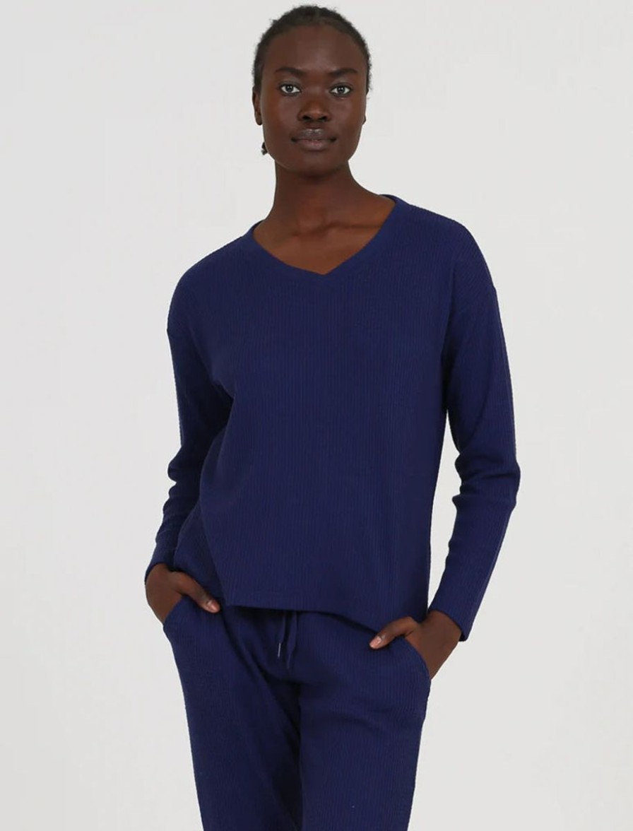 Sleepwear Papinelle | Papinelle - Super Soft Waffle V-Neck Ls Top Navy