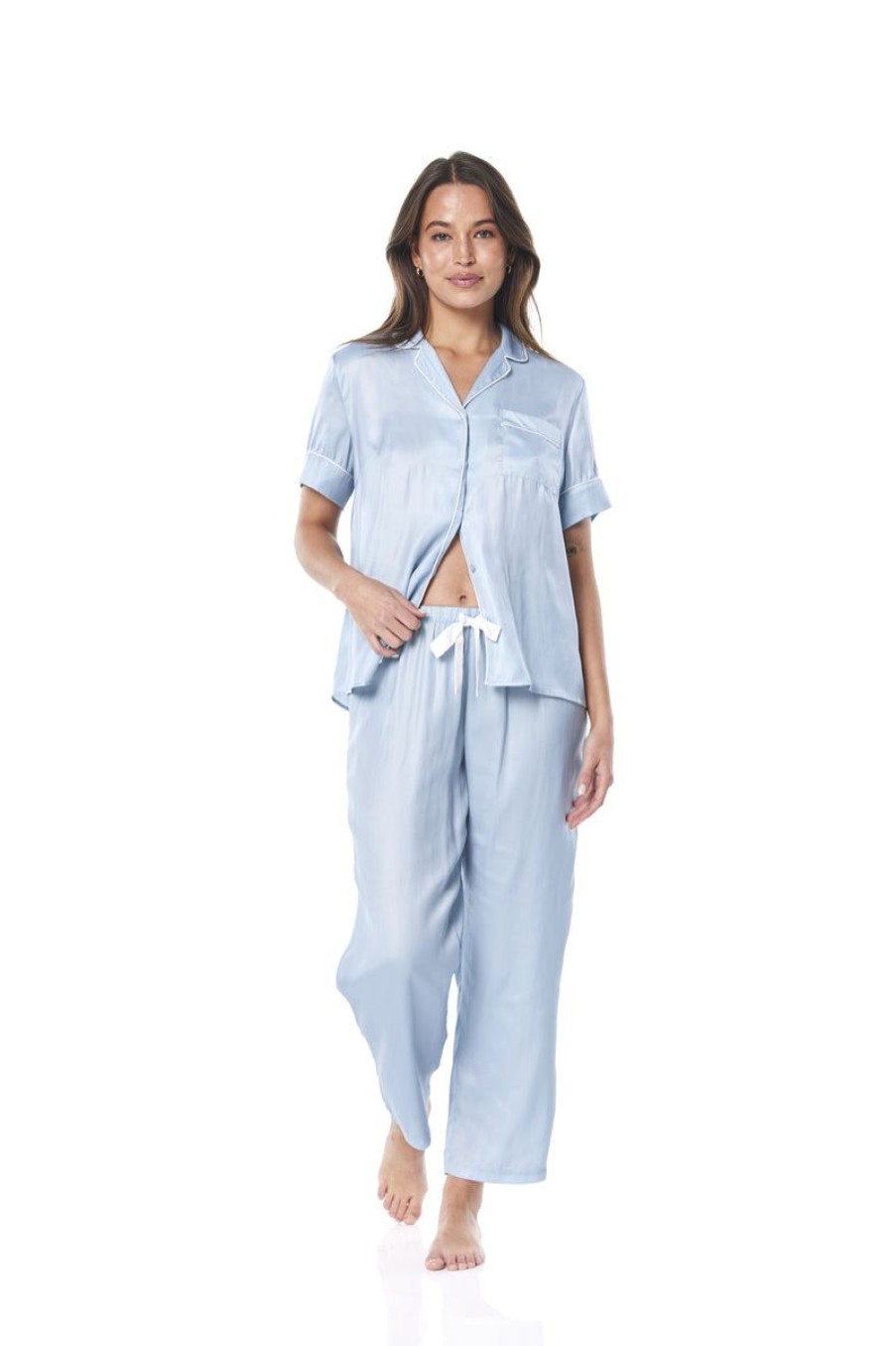 Sleepwear Gingerlilly | Gingerlilly - Aileen Satin Pant Pj Set Blue