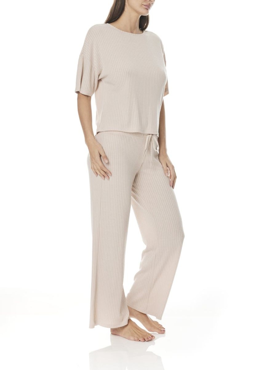 Sleepwear Gingerlilly | Gingerlilly - Narelle Wide Leg Ribbed Lounge Set Beige