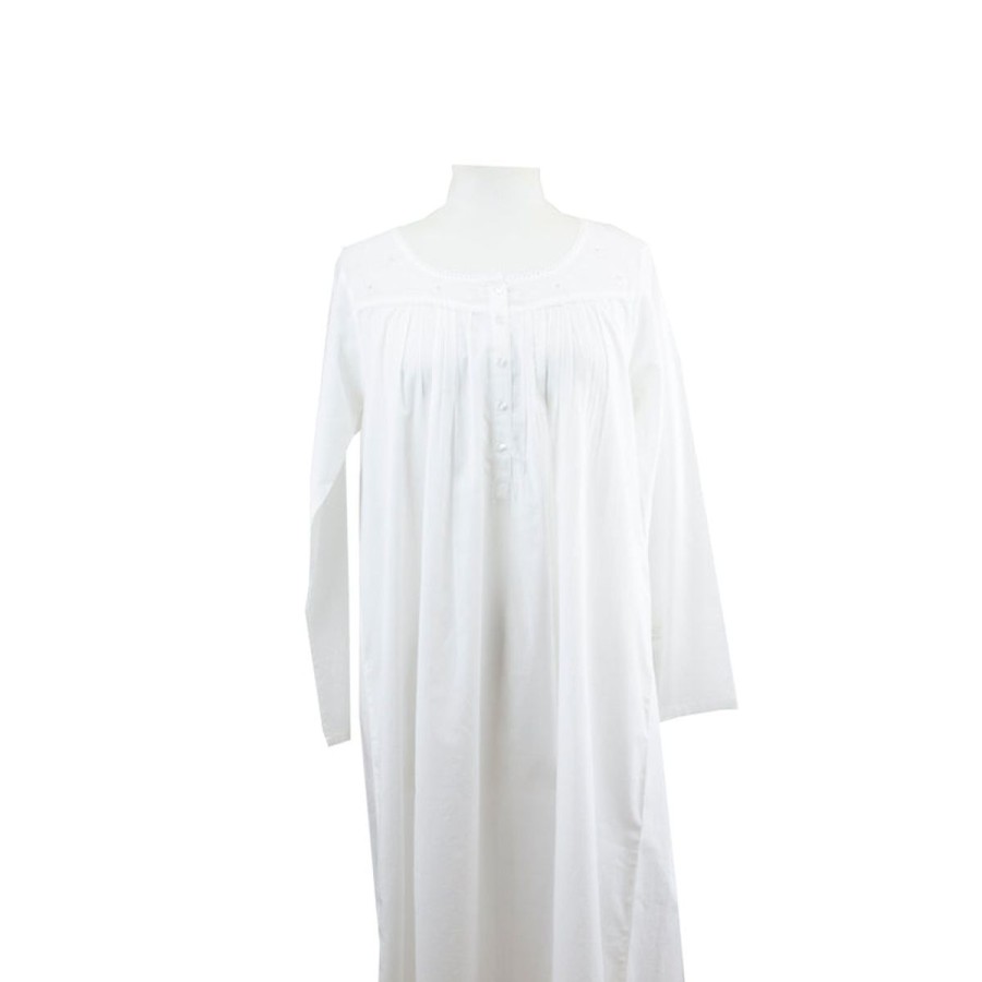 Sleepwear French Country | French Country - Flannel Flower Round Neck Long Sleeve Nightie White