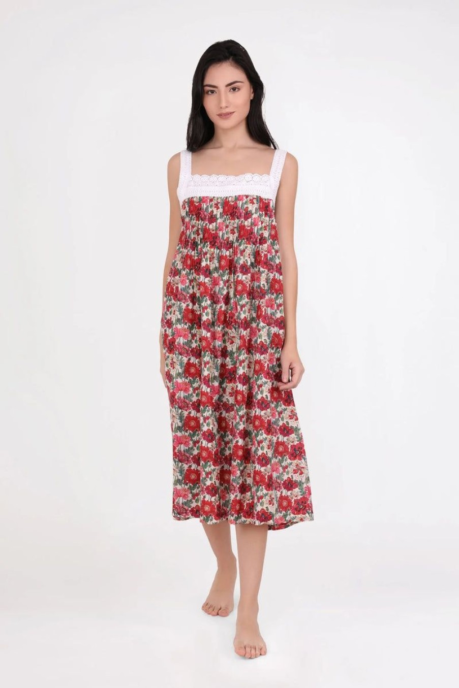 Sleepwear Arabella | Arabella - Pin Tucked Lace Cotton Nightie Poppy Print