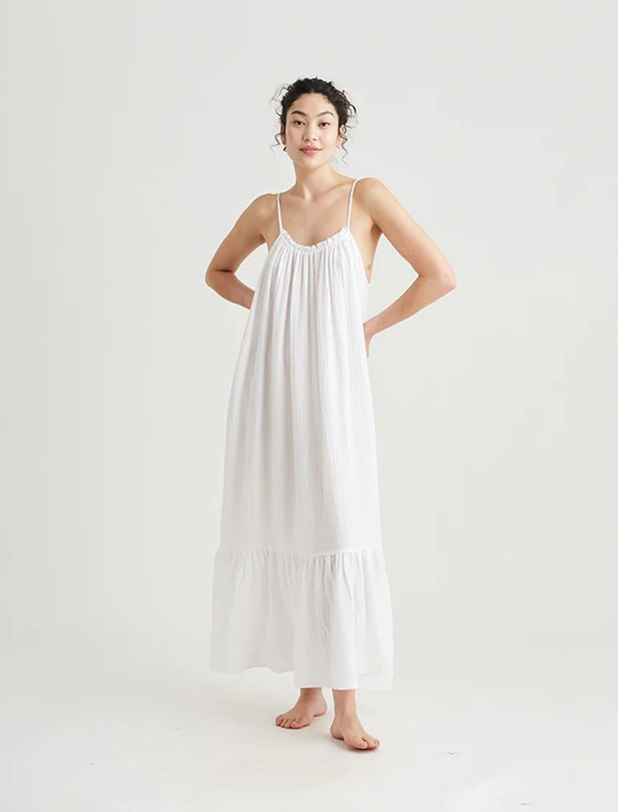 Sleepwear Papinelle | Papinelle - Ashley Textured Cotton Strappy Maxi Nightie White