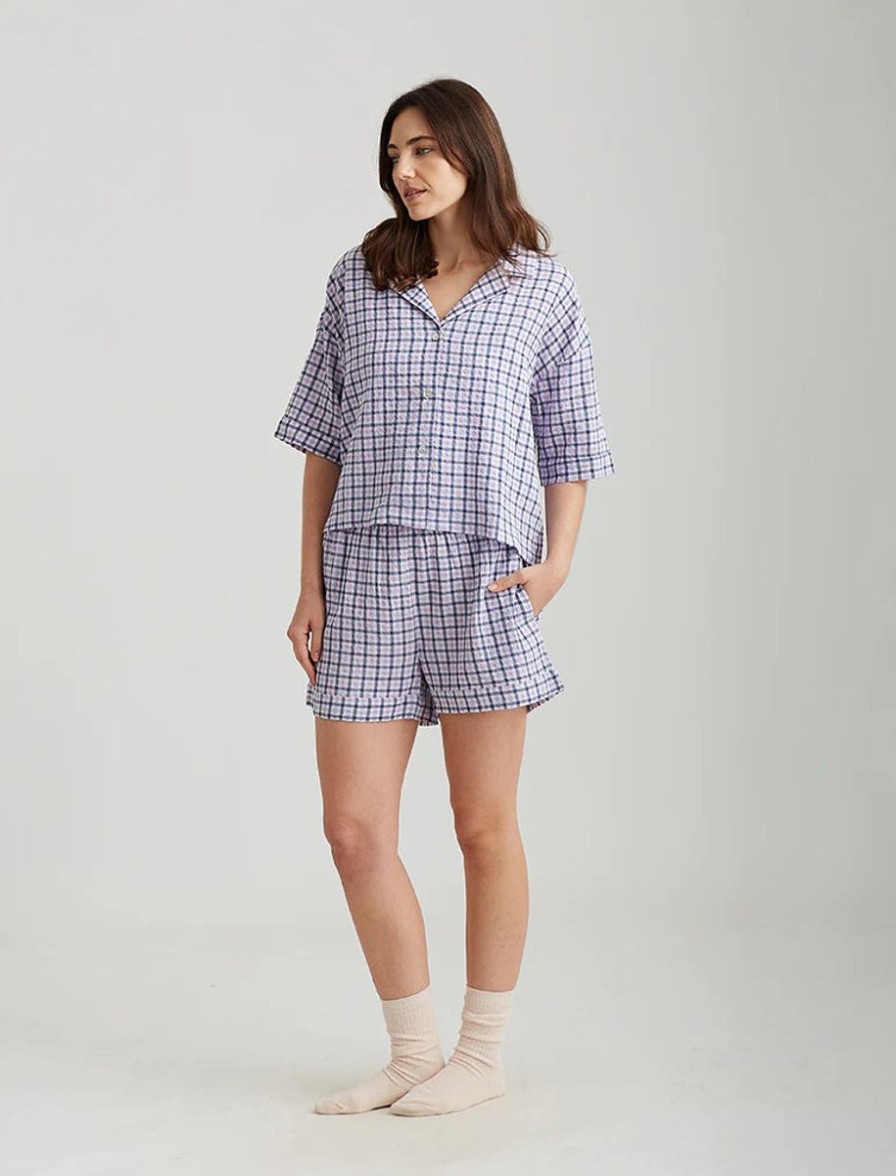 Sleepwear Papinelle | Papinelle - Seersucker Gingham Boxer Pj Set Navy & Wisteria