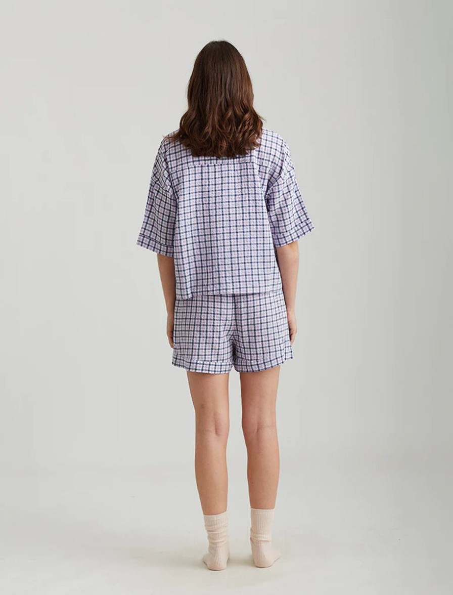 Sleepwear Papinelle | Papinelle - Seersucker Gingham Boxer Pj Set Navy & Wisteria