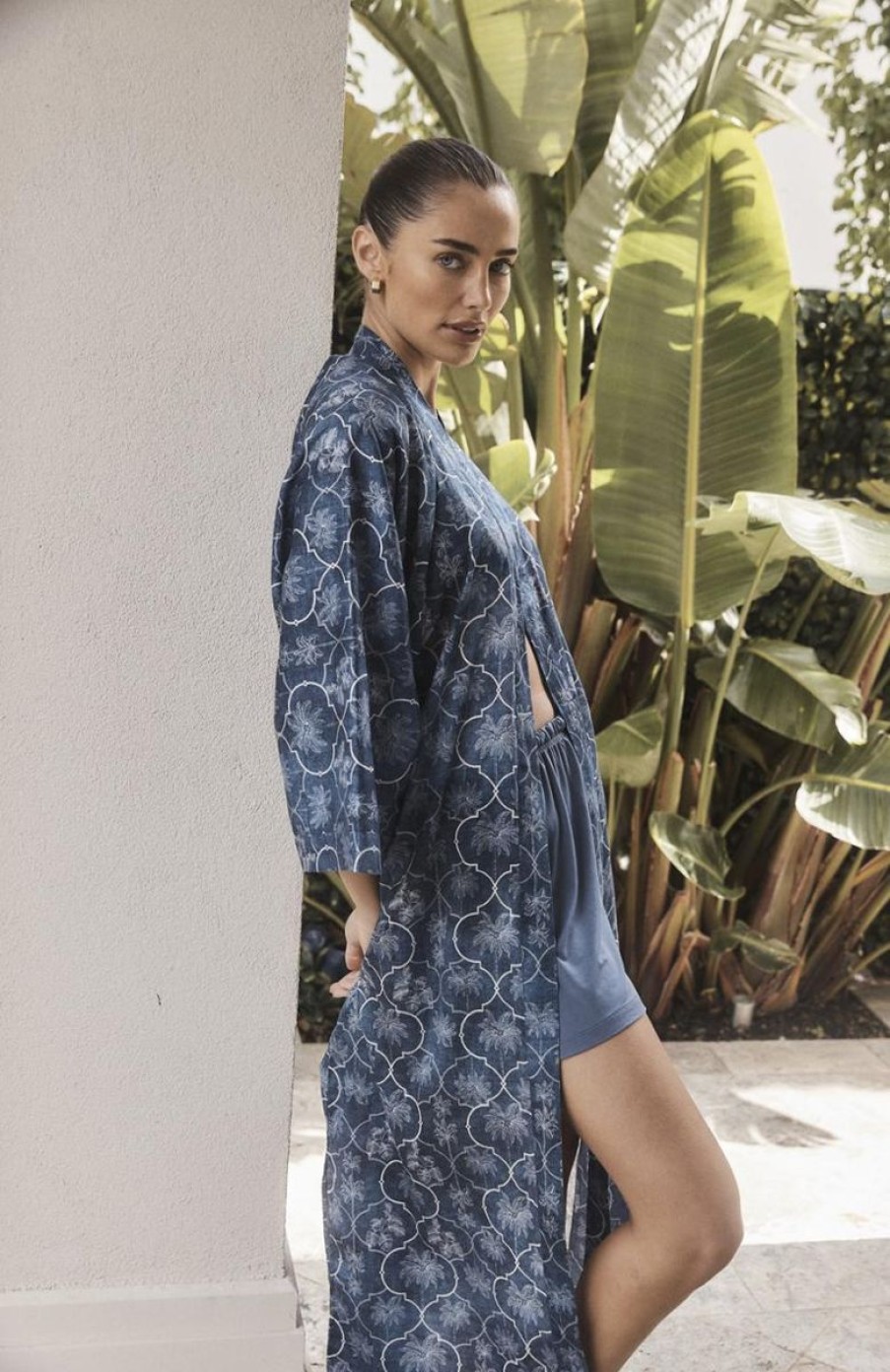 Sleepwear Gingerlilly | Gingerlilly Palm Print Cotton Robe Blue