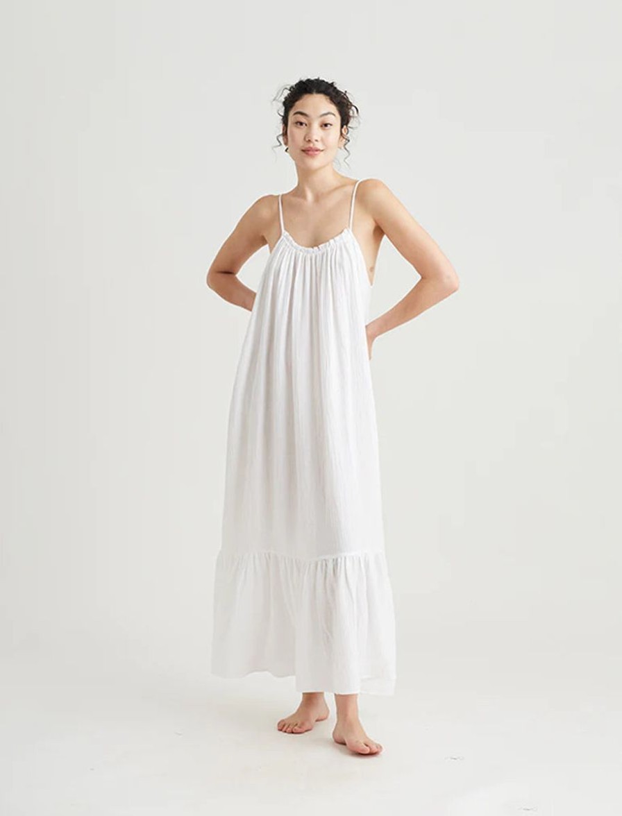 Sleepwear Papinelle | Papinelle - Ashley Textured Cotton Strappy Maxi Nightie White