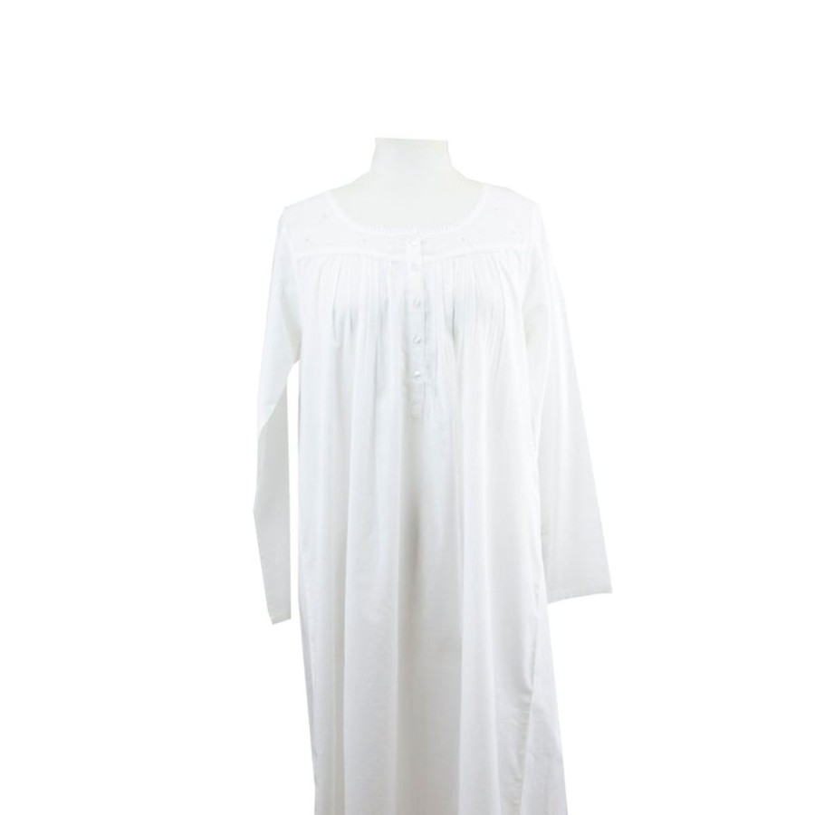 Sleepwear French Country | French Country - Flannel Flower Round Neck Long Sleeve Nightie White